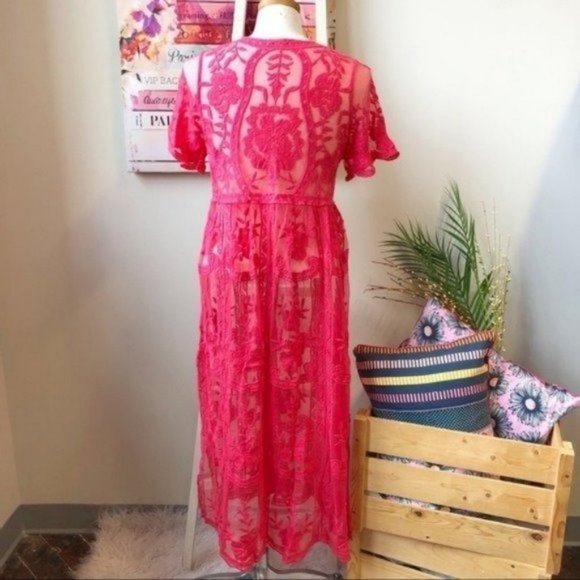 Bohemian Eyelet Sheer Cover Up Lace Maxi Dress Women's Size Large - Picture 7 of 7